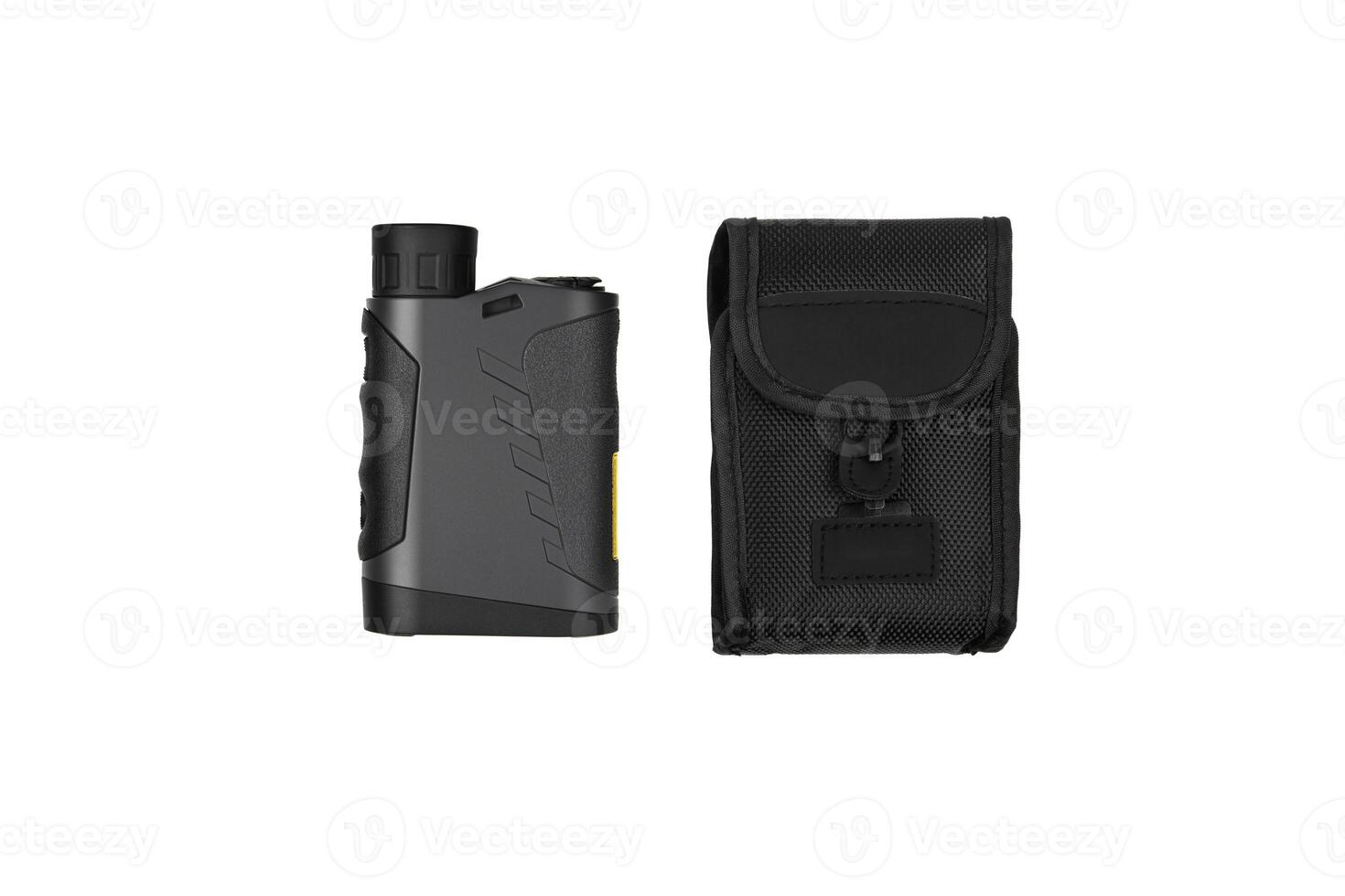 Modern electronic optical rangefinder and soft case. Portable device for measuring distance. Isolate on a white back. photo