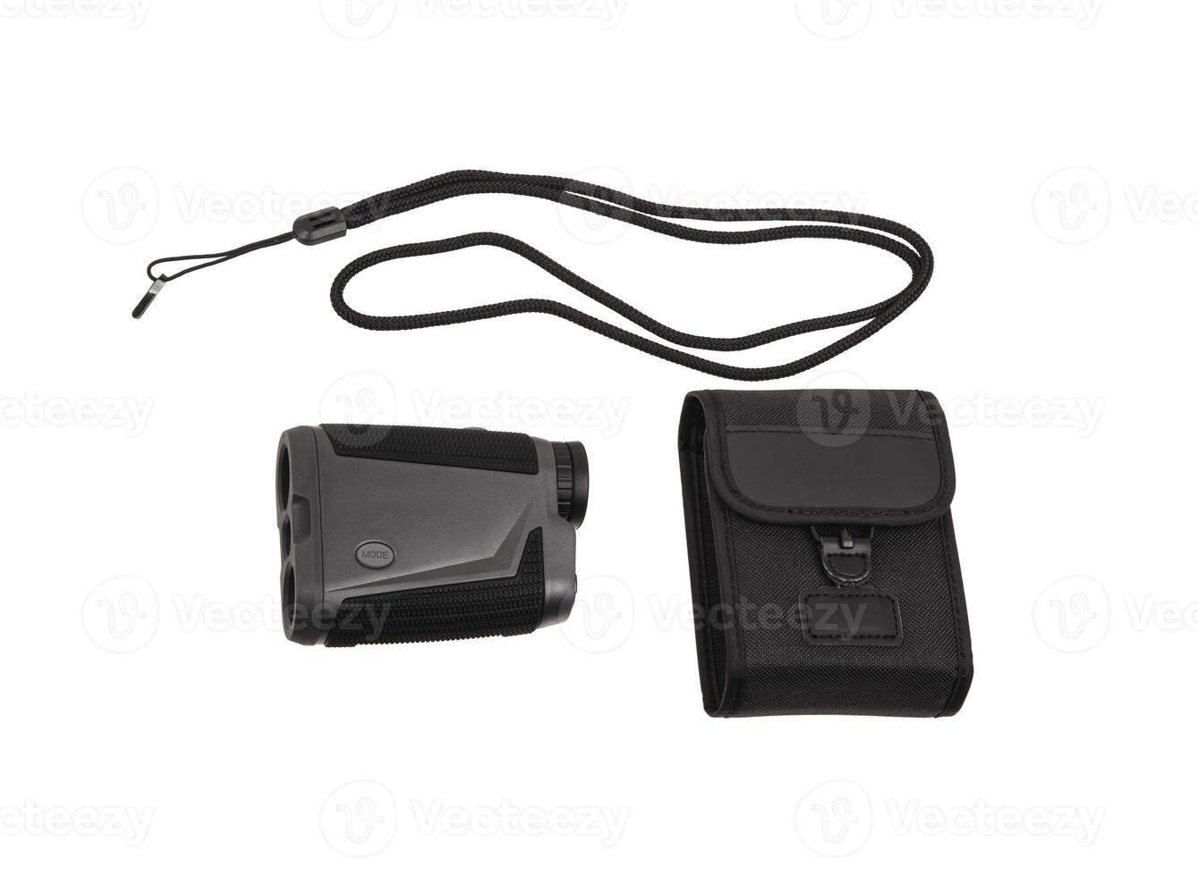 Modern optical range finder isolated on white back. Isolated black plastic rangefinder used for golfing or hunting. photo