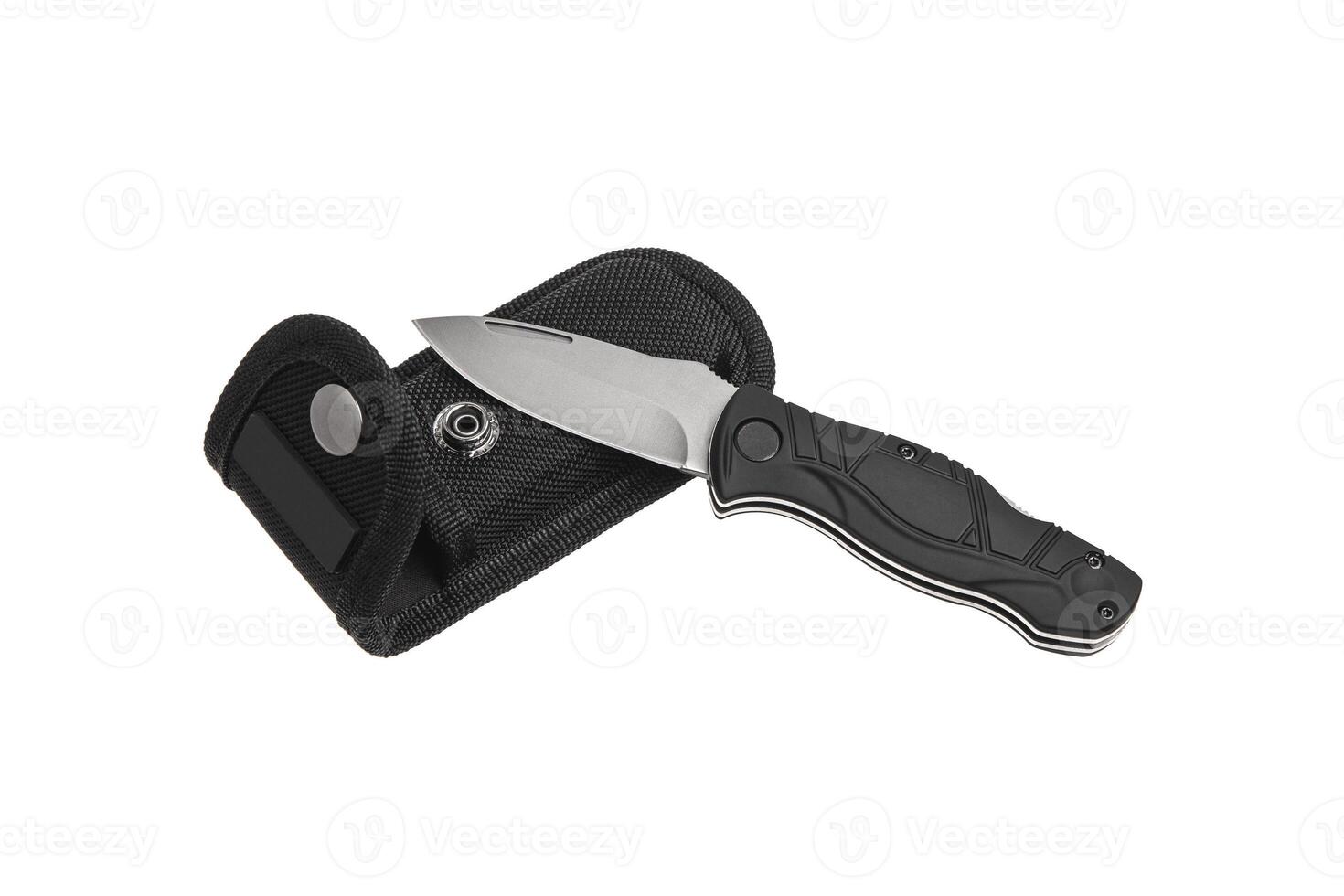 Pocket folding knife isolate on white back. Compact metal sharp knife with a folding blade. photo