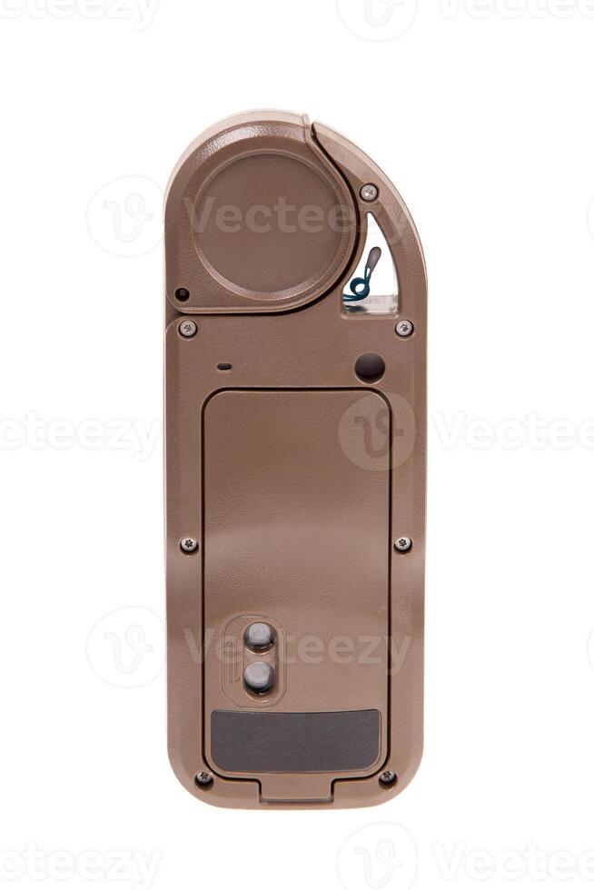 Digital handheld anemometer isolated on white background. environmental meter from anemometer for measuring the speed of wind, humidity and temperature isolated on white background. photo