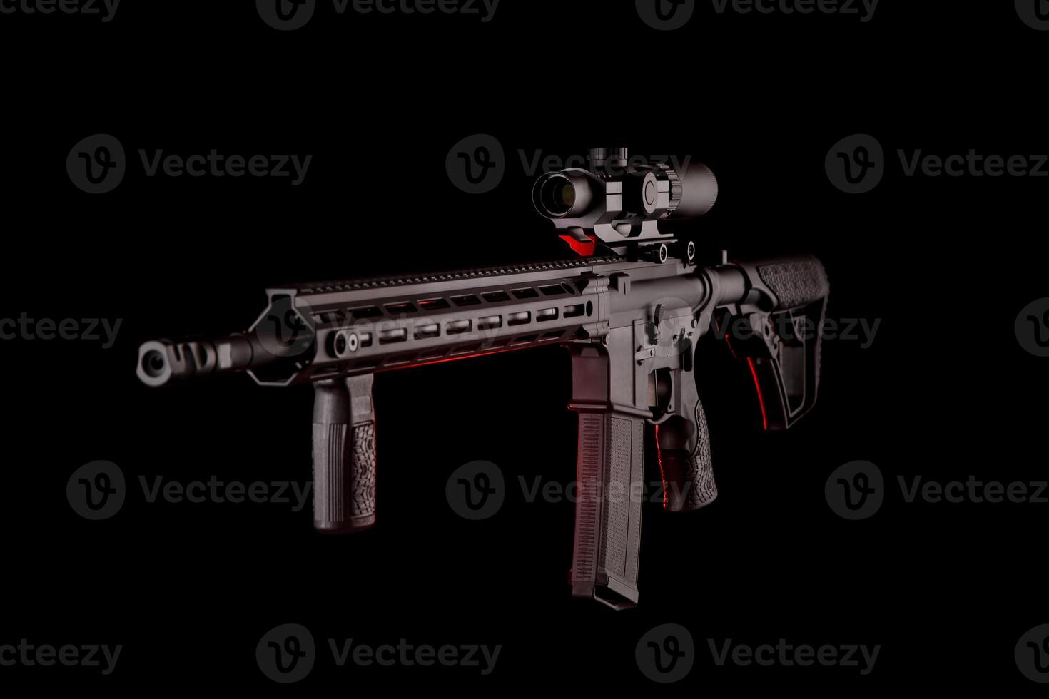 Modern automatic rifle isolated on black background. Weapons for police, special forces and the army. A carbine with optical sights on a dark back. photo