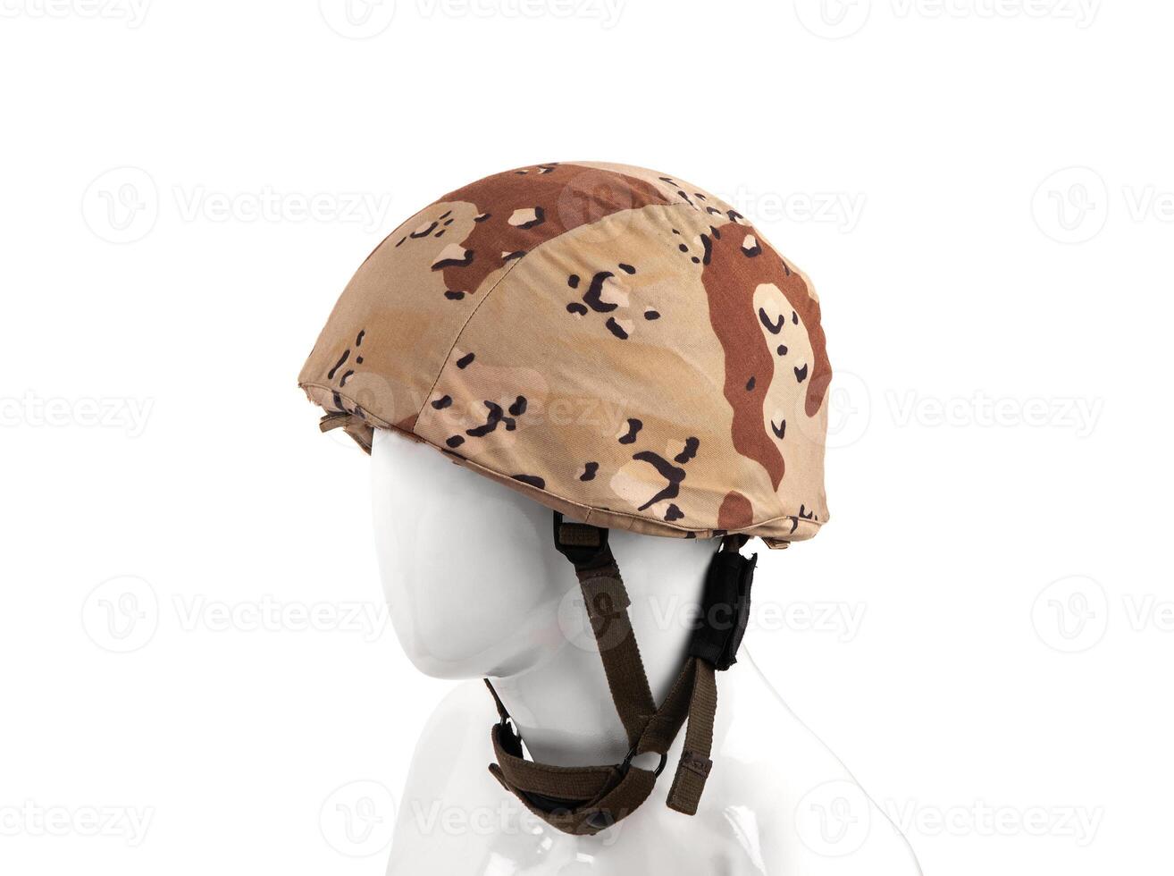 Modern safety helmet in a camouflage case isolate on a white back. British Armed Forces helmet. photo