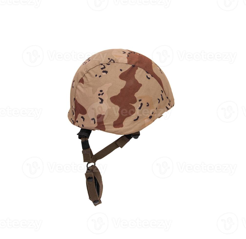 Modern safety helmet in a camouflage case isolate on a white back. British Armed Forces helmet. photo