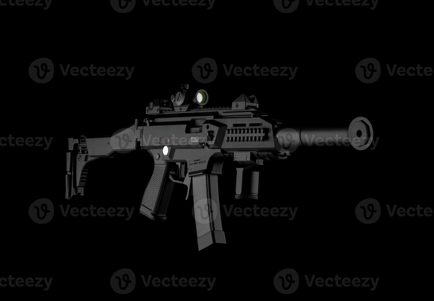 Modern automatic rifle isolated on black background. Weapons for police, special forces and the army. A carbine with optical, mechanical sights and a silencer on a dark back photo