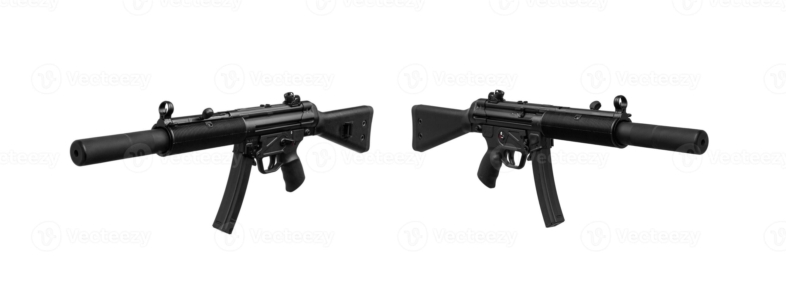 Submachine gun mp5. Small rifled automatic weapon caliber 9mm. Armament of the police and special forces. Isolate on a white back. photo