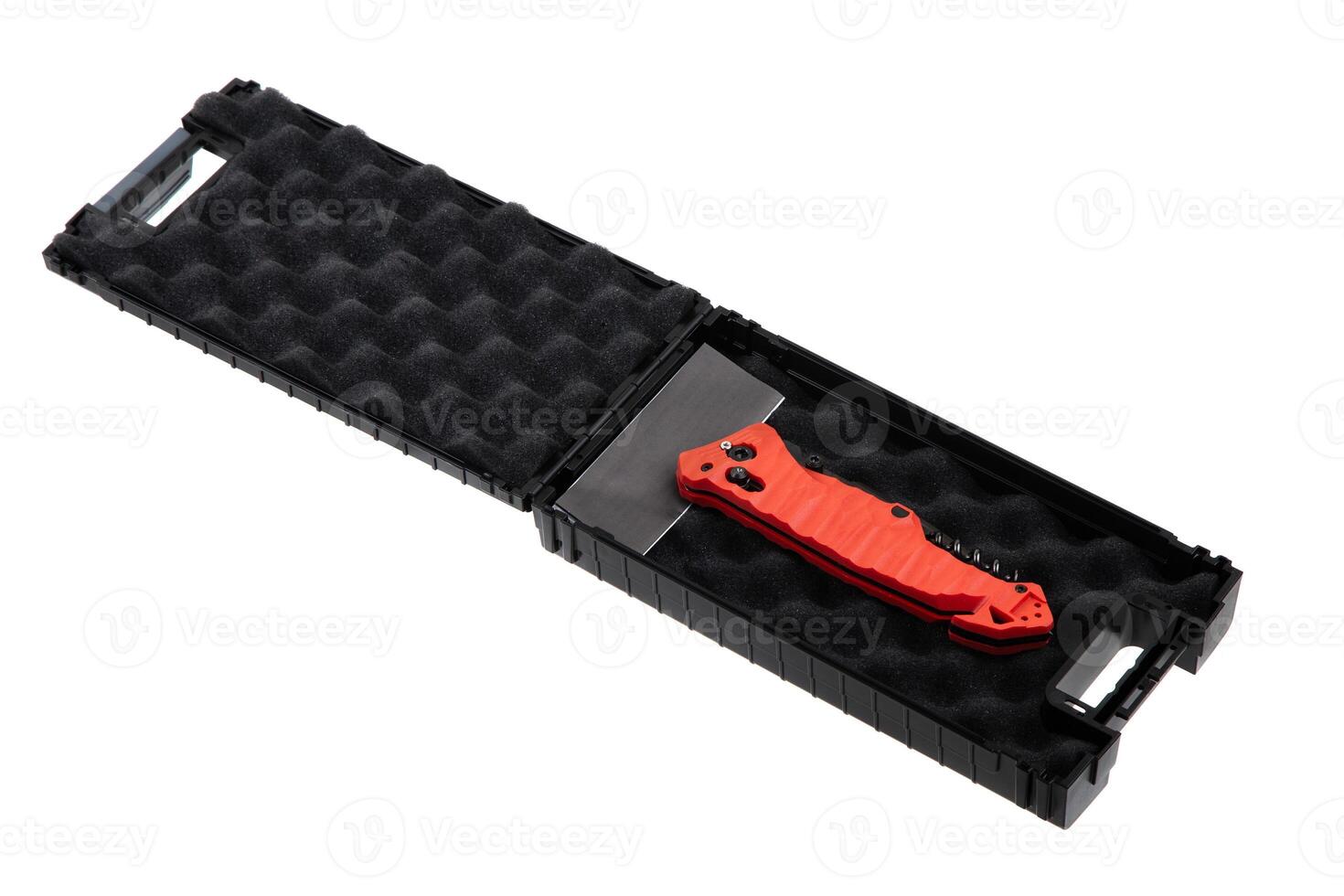 Pocket modern folding knife. Pocket knife with corkscrew and sling cutter. Isolate on a white back photo