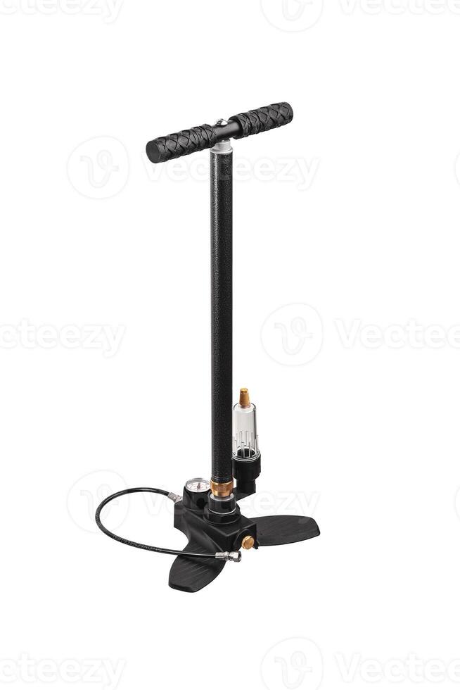 Bicycle hand pump with pressure sensor isolate on a white backg. Modern air pump with a barometer. photo