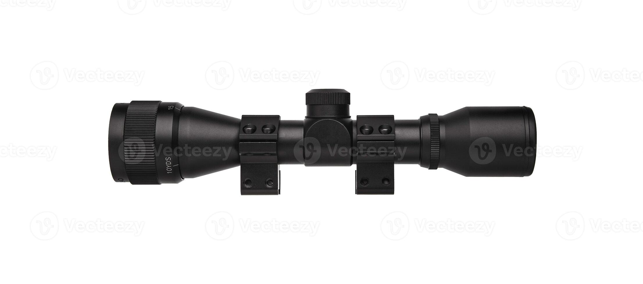 modern black optical scope for weapon isolated on whited. sight scope isolated on white back. photo