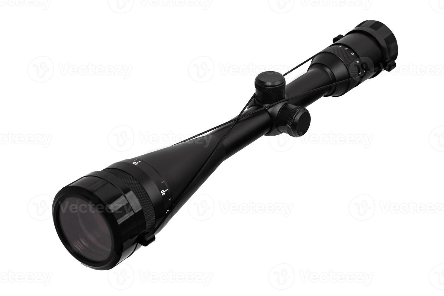 modern black optical scope for weapon isolated on whited. sight scope isolated on white back. photo