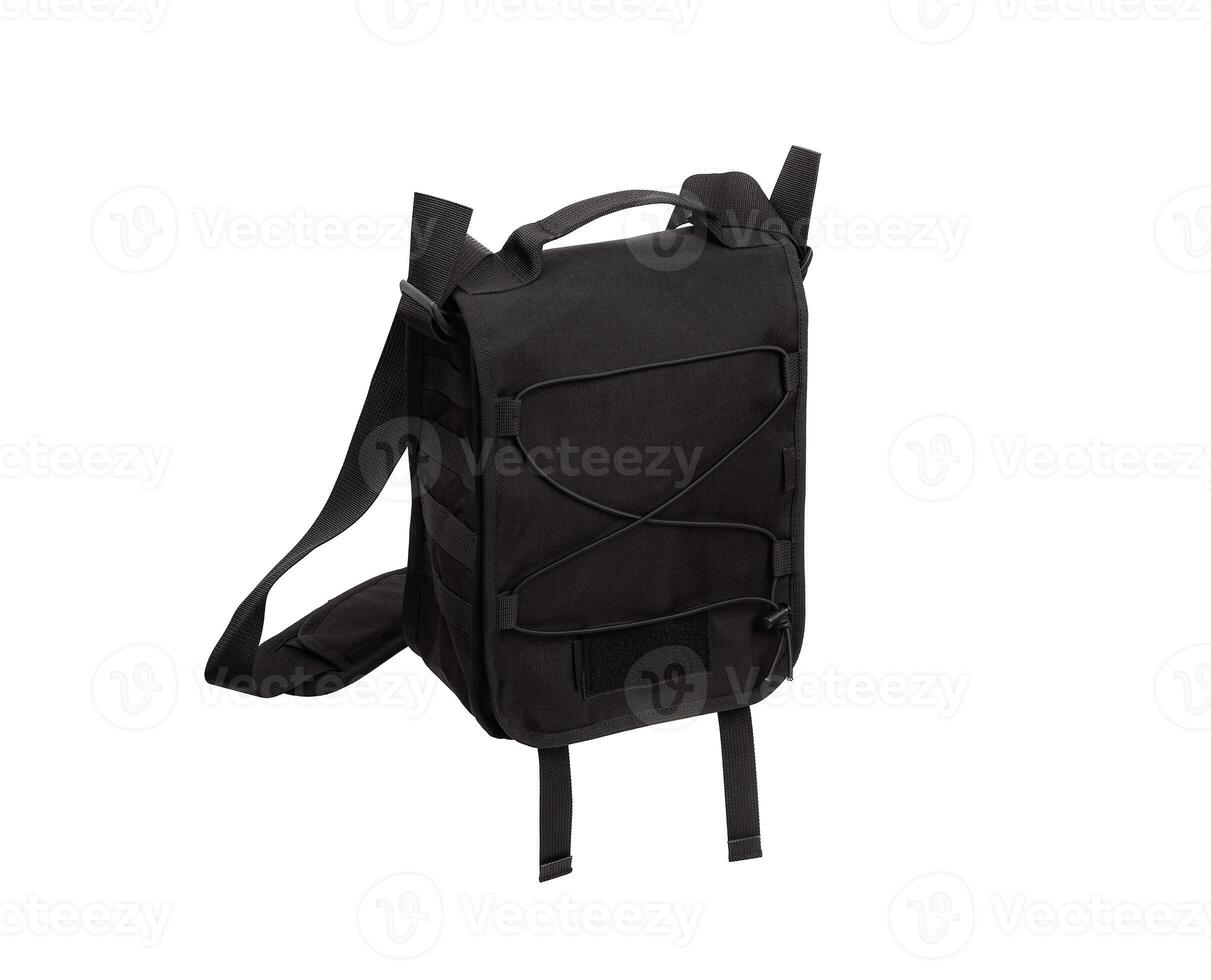 Modern shoulder bag isolate on a white background. Men's modern black tactical bag. photo