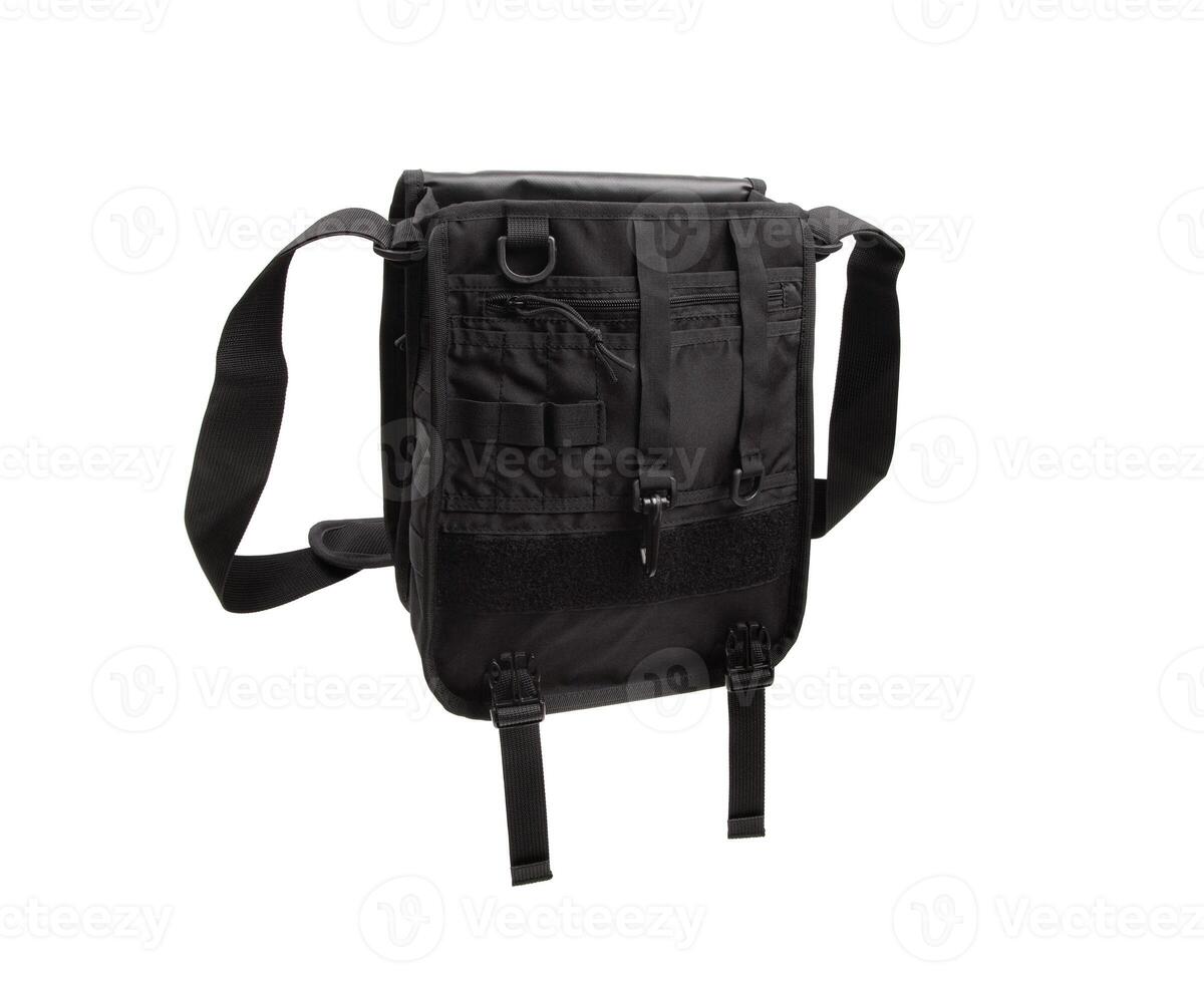 Modern shoulder bag isolate on a white background. Men's modern black tactical bag. photo