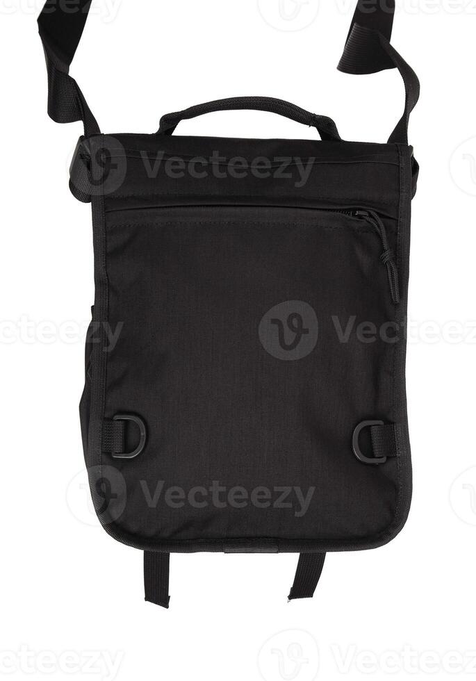 Modern shoulder bag isolate on a white background. Men's modern black tactical bag. photo