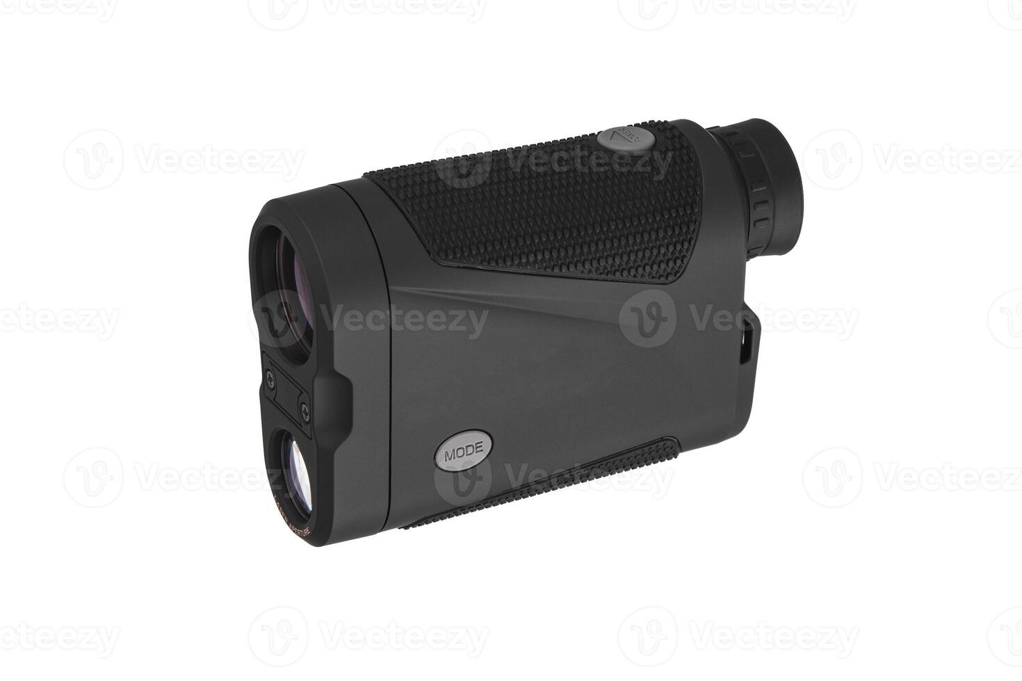 Modern optical range finder isolated on white back. Isolated black plastic rangefinder used for golfing or hunting. photo
