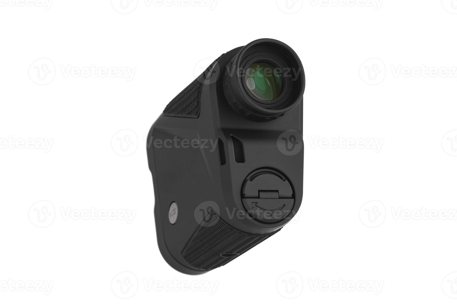 Modern optical range finder isolated on white back. Isolated black plastic rangefinder used for golfing or hunting. photo