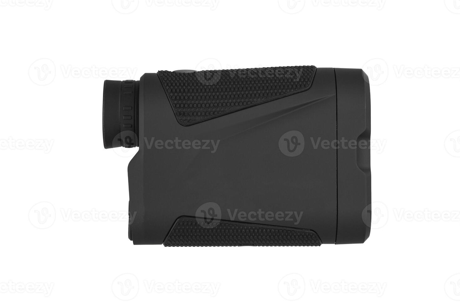 Modern optical range finder isolated on white back. Isolated black plastic rangefinder used for golfing or hunting. photo