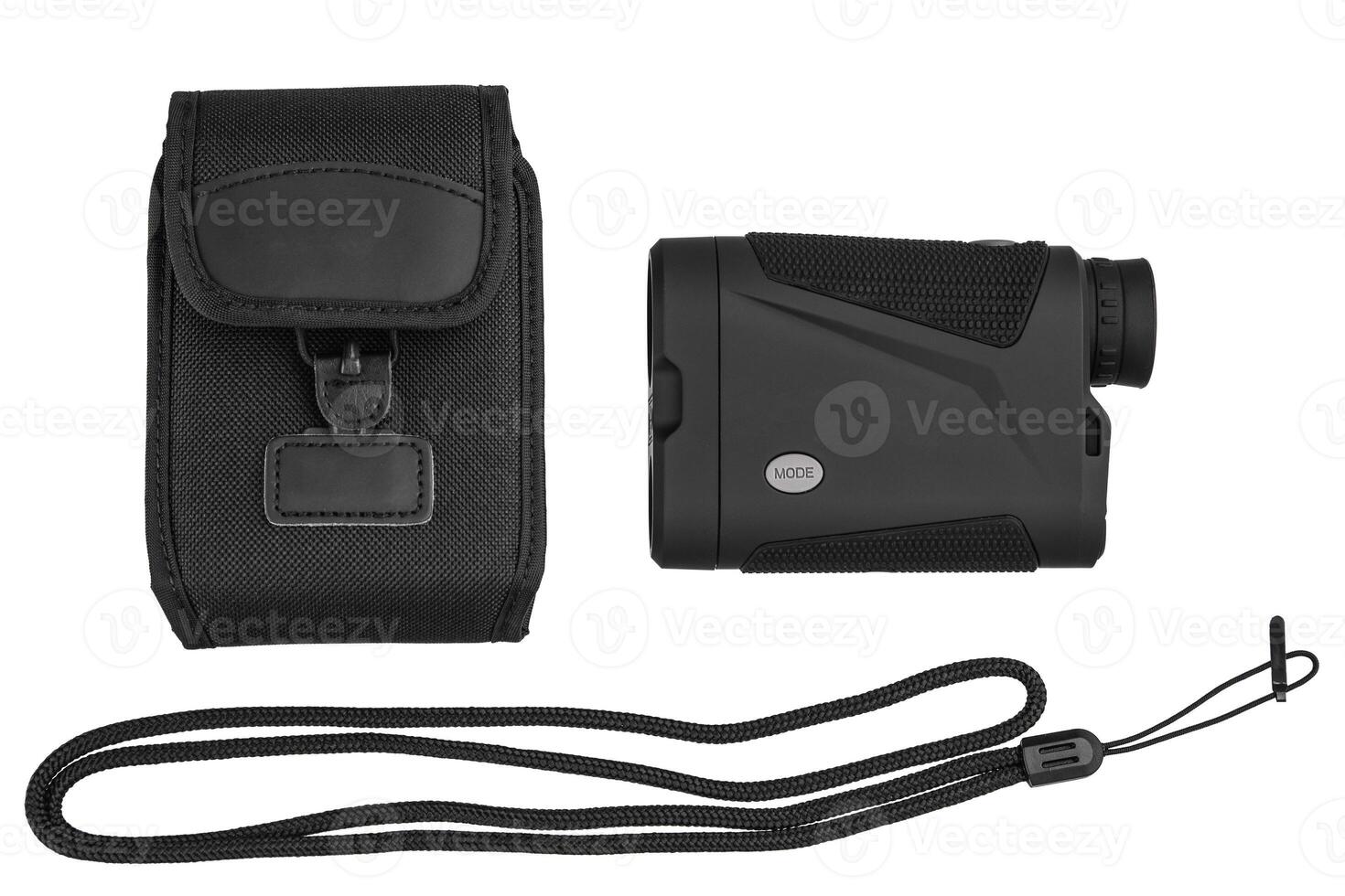 Modern optical range finder isolated on white back. Isolated black plastic rangefinder used for golfing or hunting. photo
