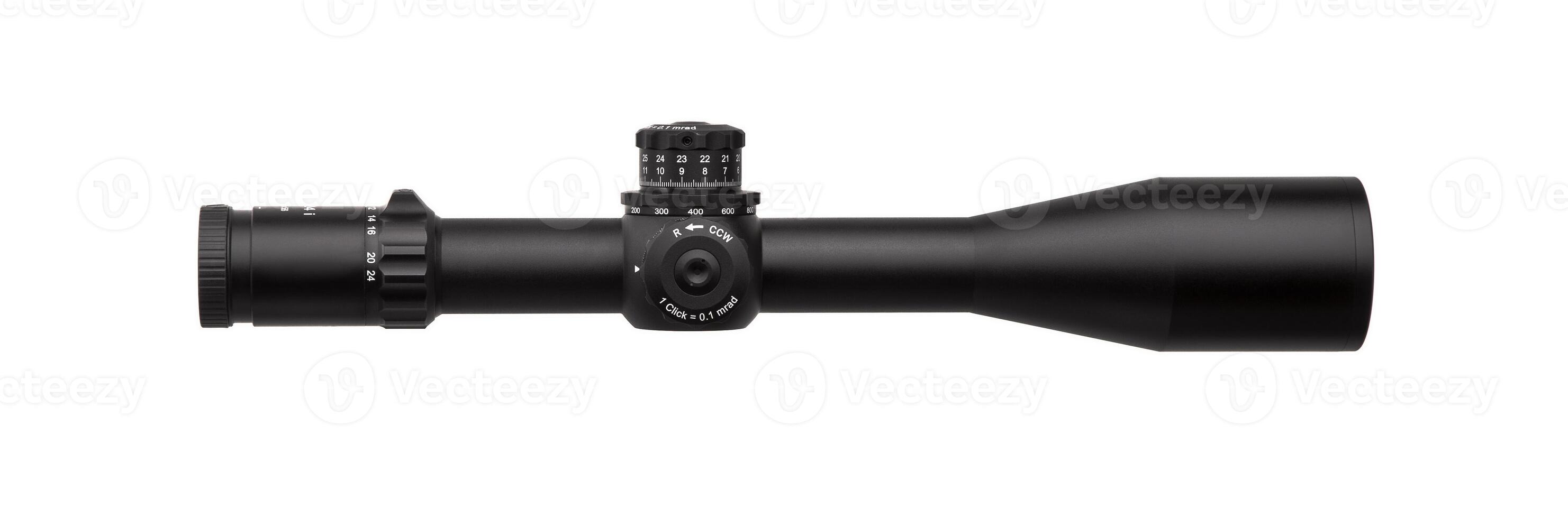 modern black optical scope for weapon isolated on whited. sight scope isolated on white back. photo
