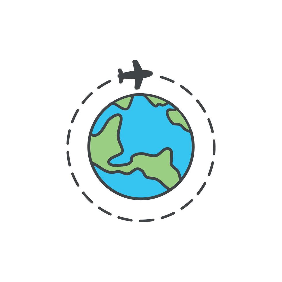 illustration of an airplane and the earth, globe, flight path, symbol around the world. vector