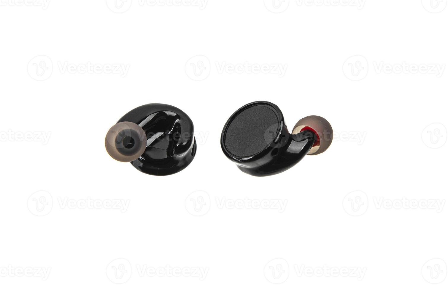 Small modern earplugs with active noise reduction. Safety for hearing. Isolate on a white back. photo