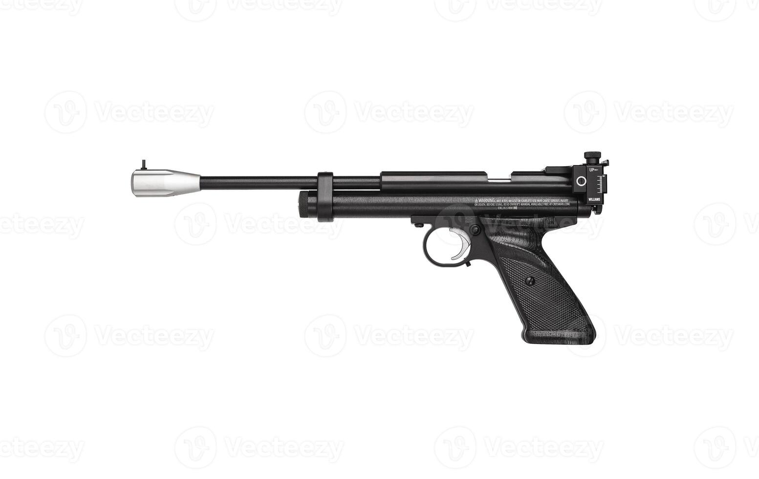 Modern sport air pistol with mechanical sight isolate on white back. Pneumatic guns for grade and entertainment. photo