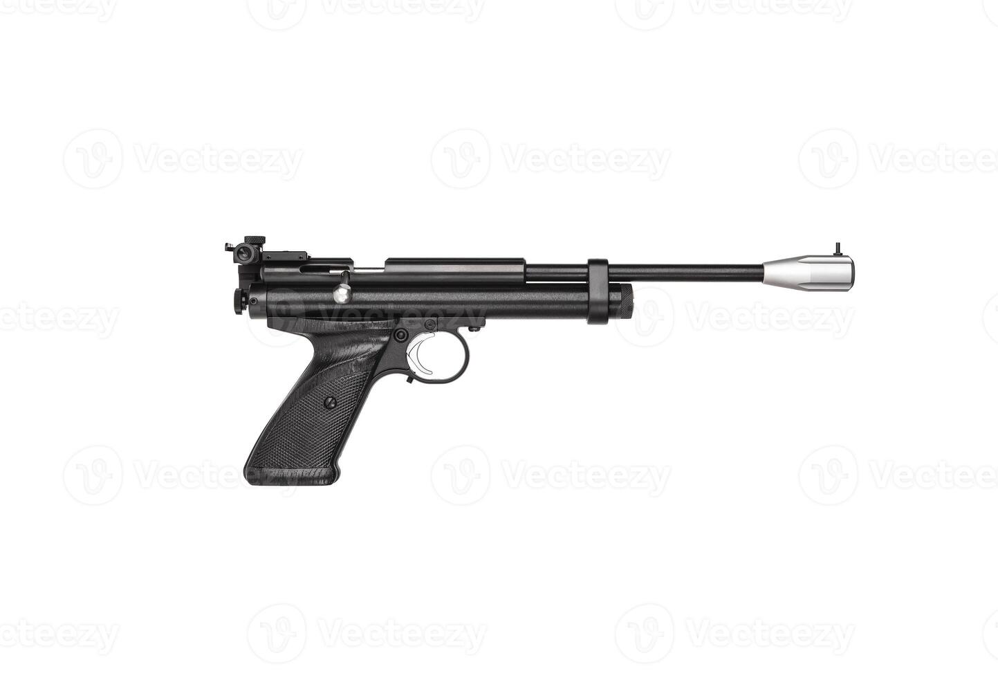 Modern sport air pistol with mechanical sight isolate on white back. Pneumatic guns for grade and entertainment. photo