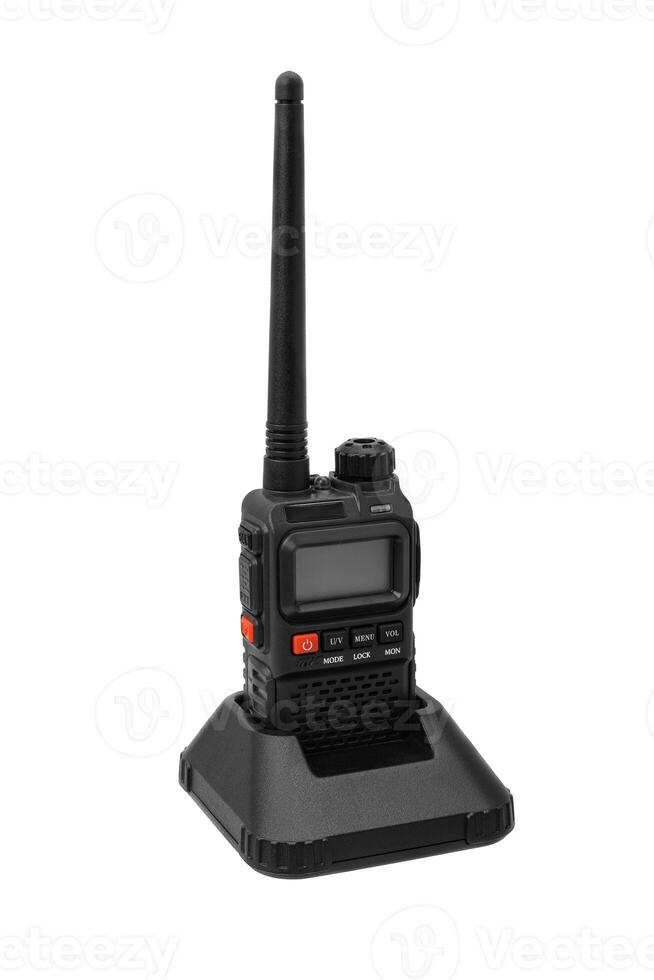 Walkie-talkie isolated on white background. Modern walkie-talkie for communication and conversation at a distance. photo