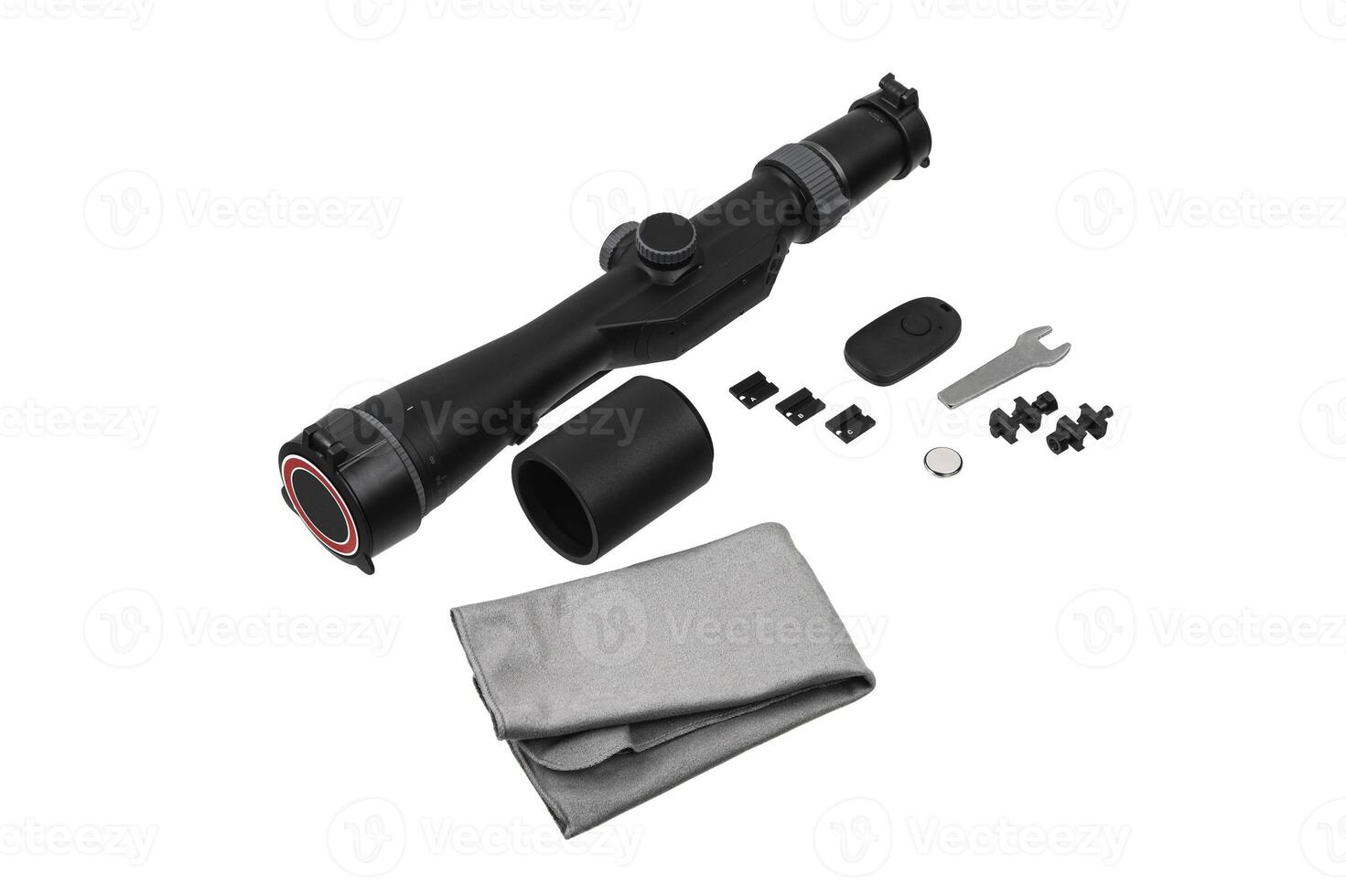 Modern sniper scope on a white back. Optical device for aiming and shooting at long distances. photo