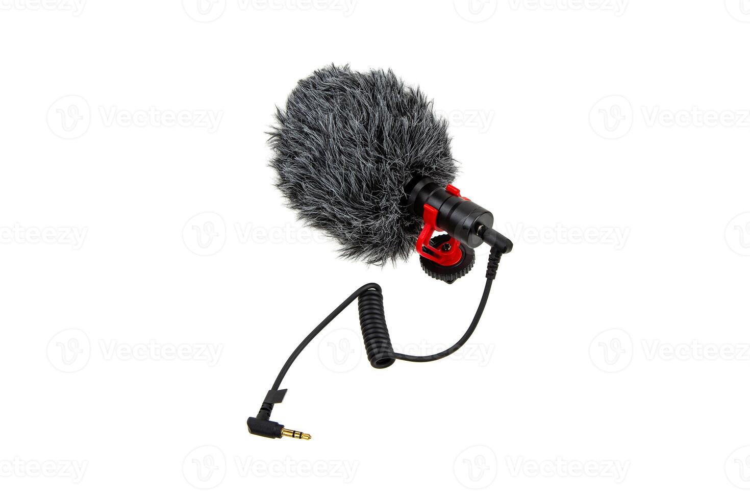 Small modern on-camera microphone with wind protection. Directional microphone. Audio recording tool. Isolate on a white back photo