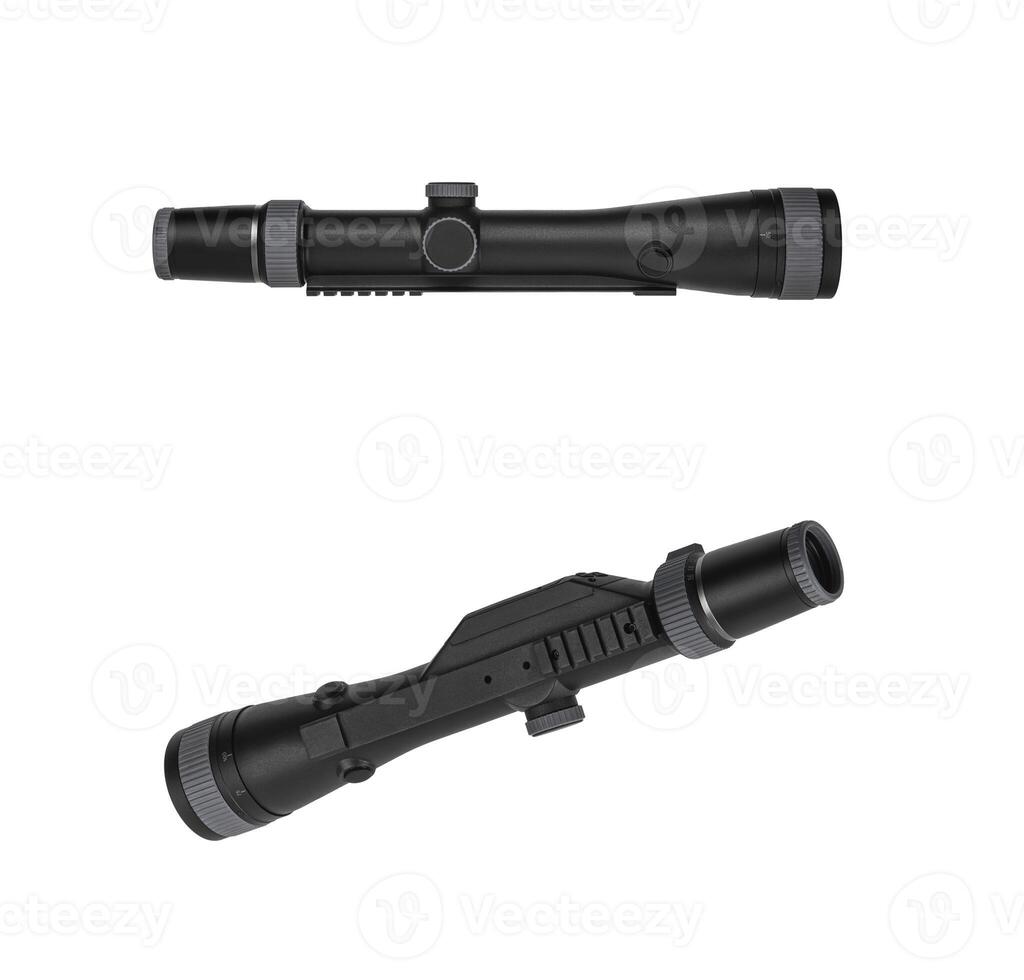 Modern sniper scope on a white back. Optical device for aiming and shooting at long distances. photo