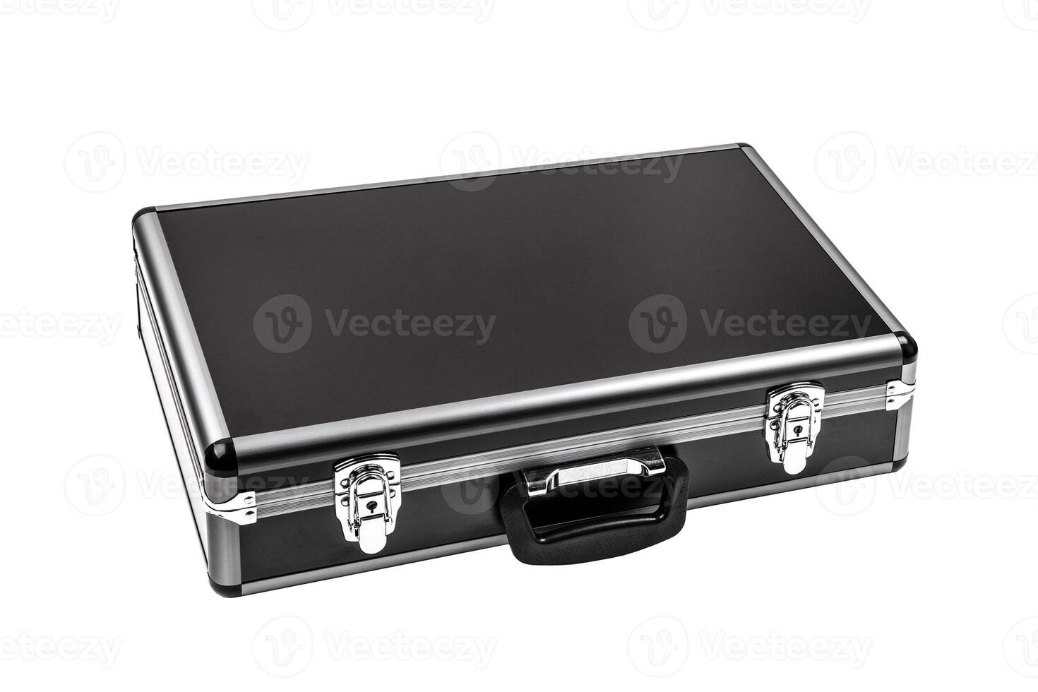 Black padded aluminum briefcase case with metal corners isolated on white photo