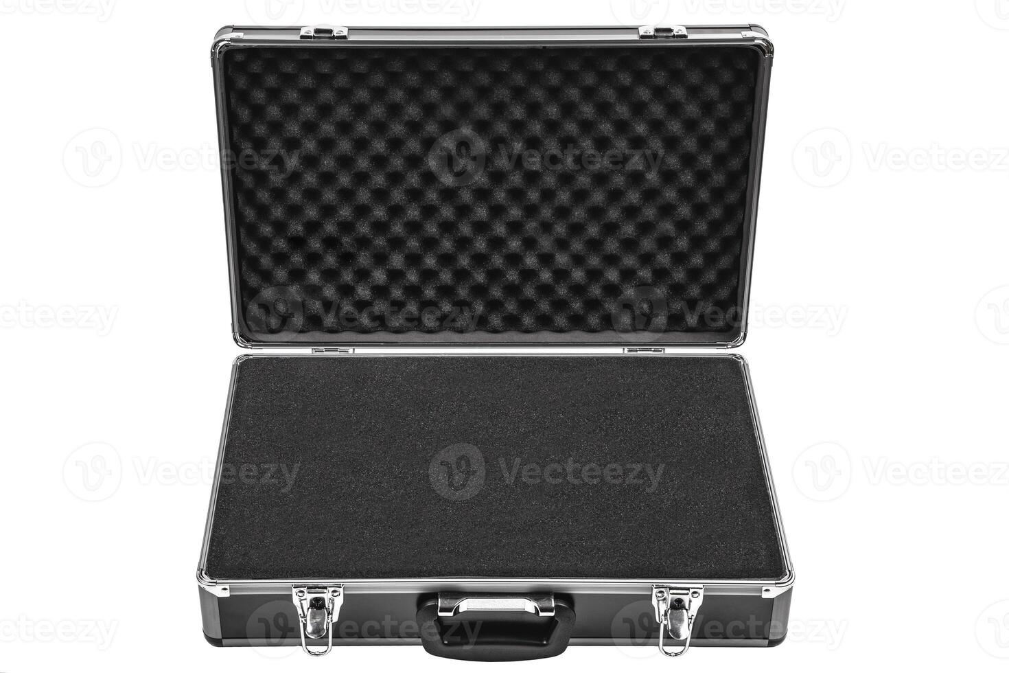 Opened black padded aluminum briefcase case with metal corners isolated on white photo