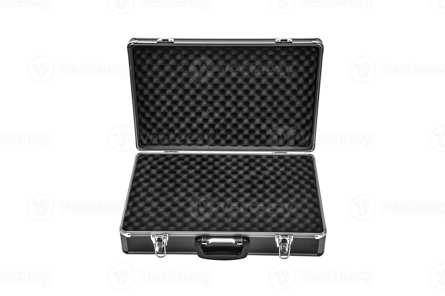 Opened black padded aluminum briefcase case with metal corners isolated on white photo