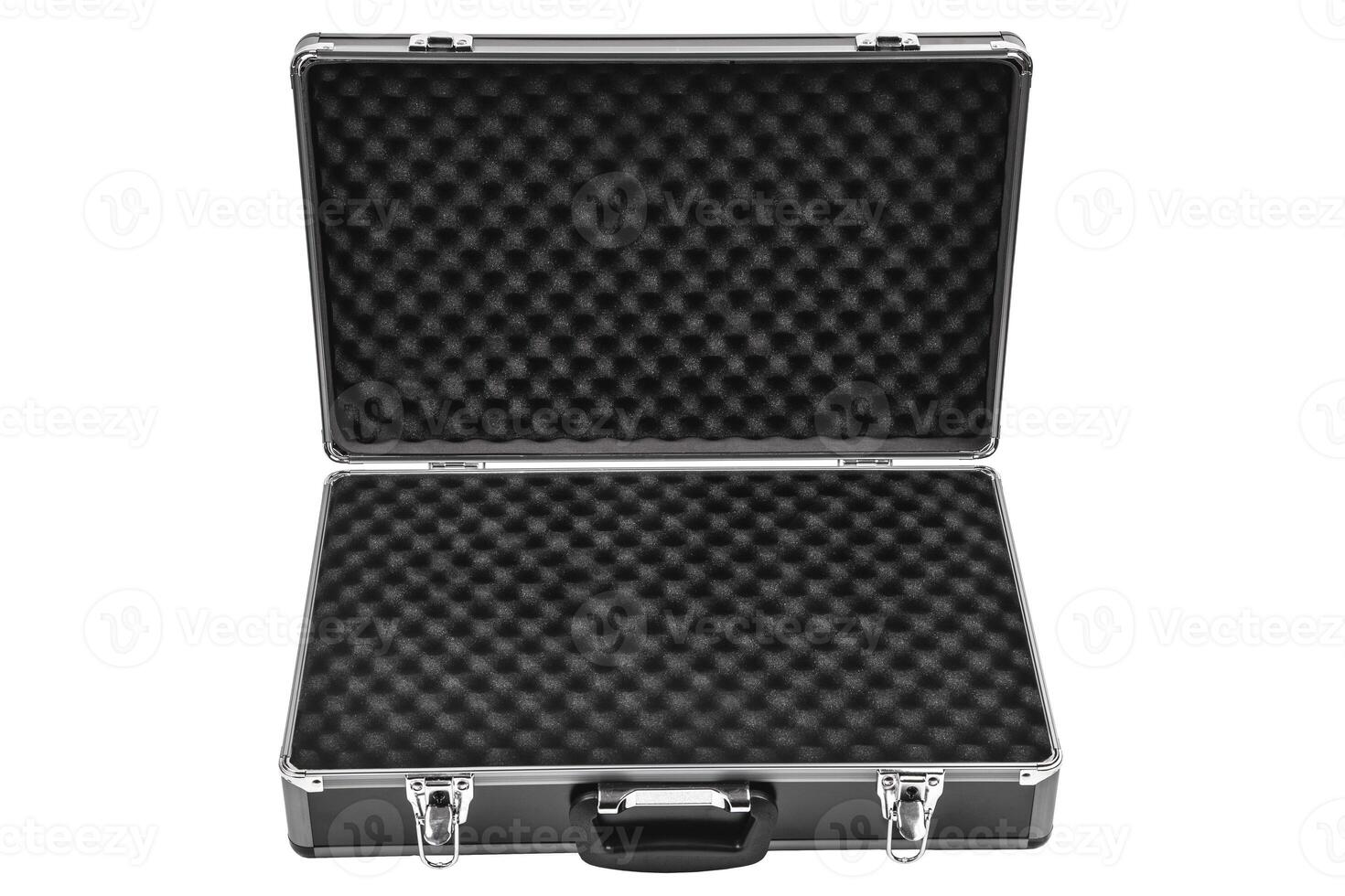 Opened black padded aluminum briefcase case with metal corners isolated on white photo