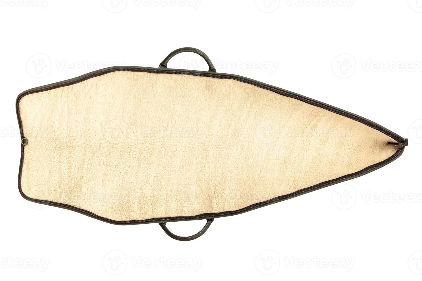 Opened leather green case for a gun isolated on white back photo