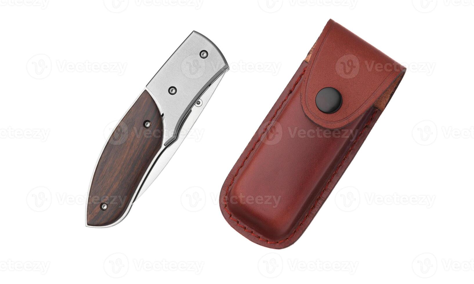 Penknife with wooden handle and leather case isolated on white photo