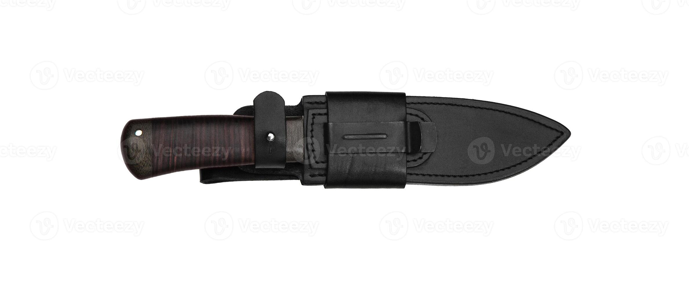 Hunting knife with wooden handle and leather case isolated on white photo
