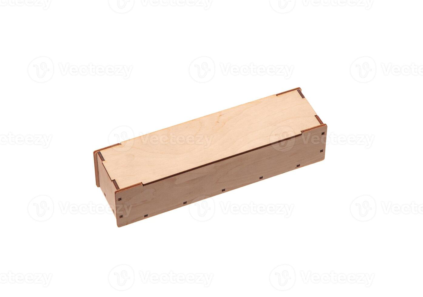 Wooden box isolate on a white back. Packaging for an expensive gift. New box made of light wood. photo