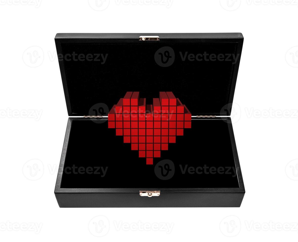 Red heart in a wooden box isolate on a white background. Heart as a gift. Love confession greeting card concept. photo