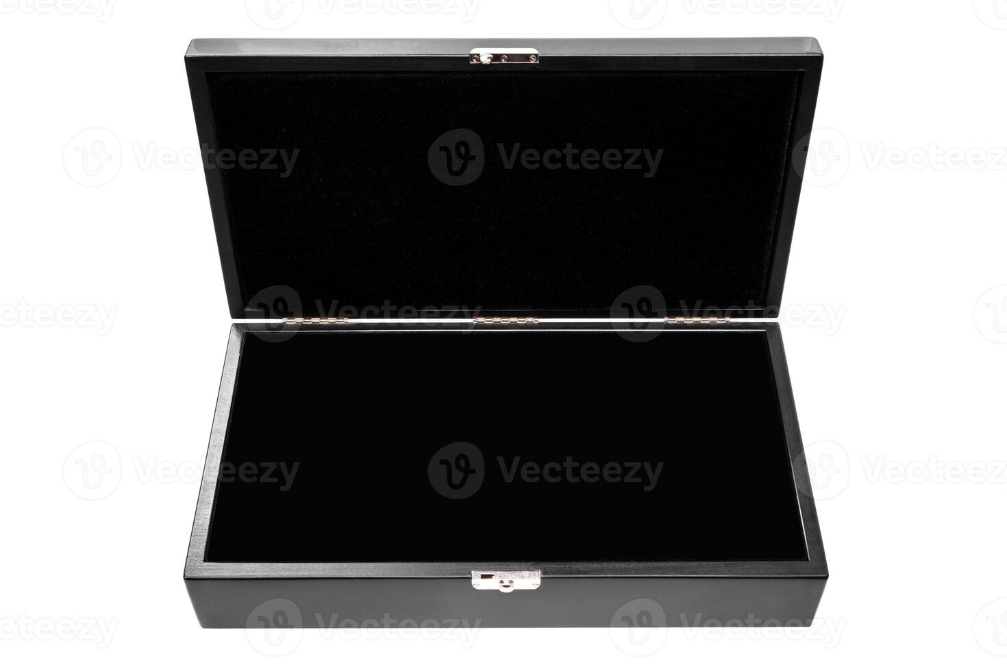 Luxury open black box isolated on white background. Open black wooden box. photo