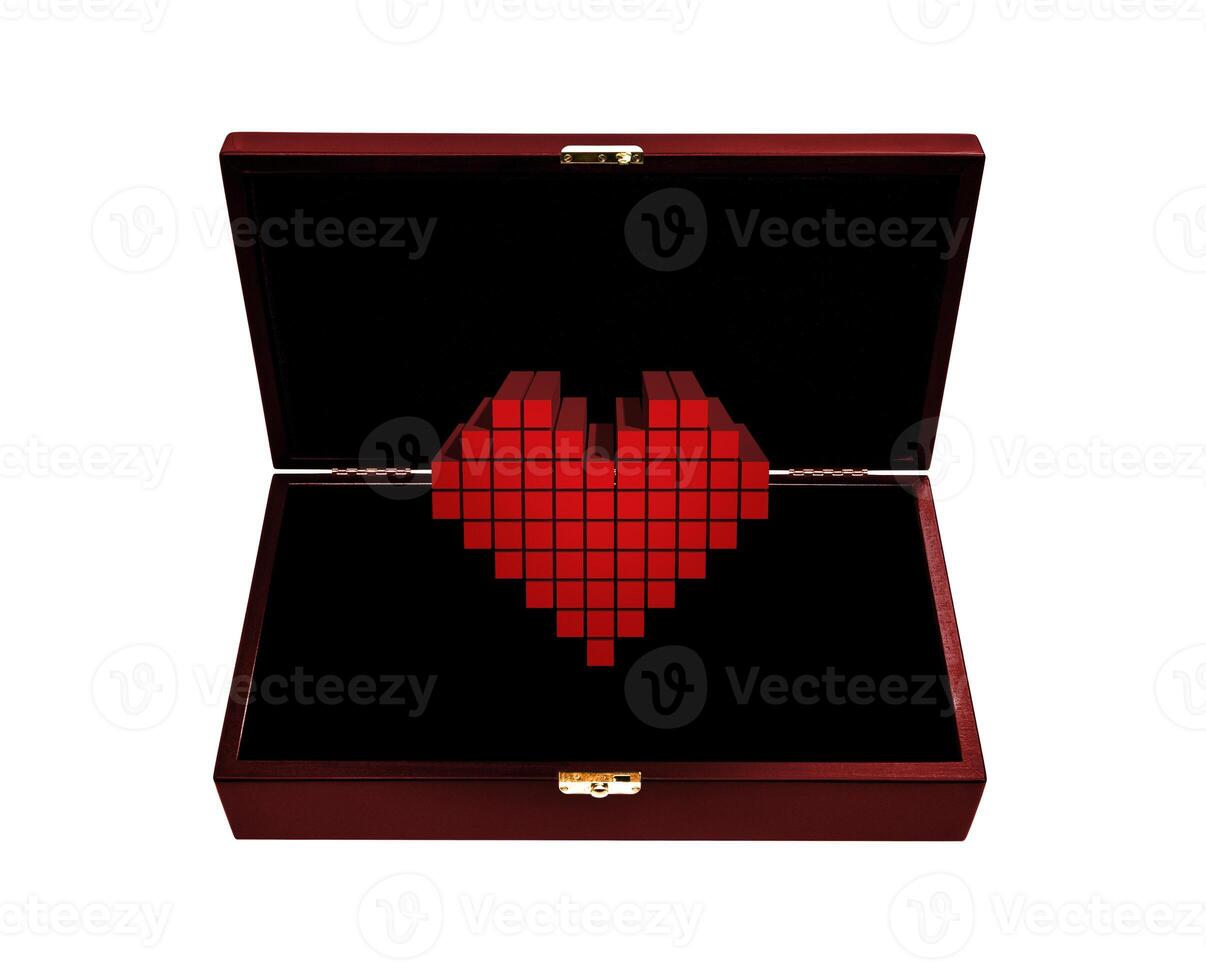 Red heart in a wooden box isolate on a white background. Heart as a gift. Love confession greeting card concept. photo