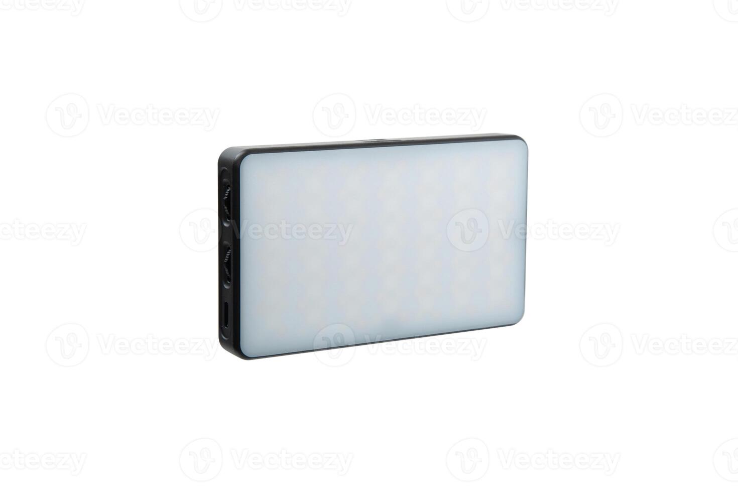 Photo and LED lamp isolate on white back.Portable lighting device.