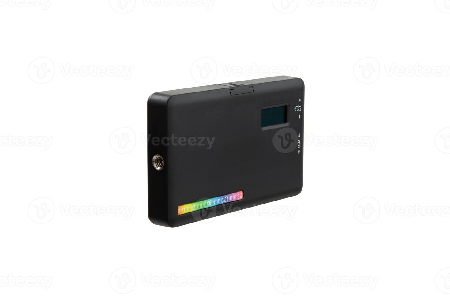 Photo and LED lamp isolate on white back.Portable lighting device.