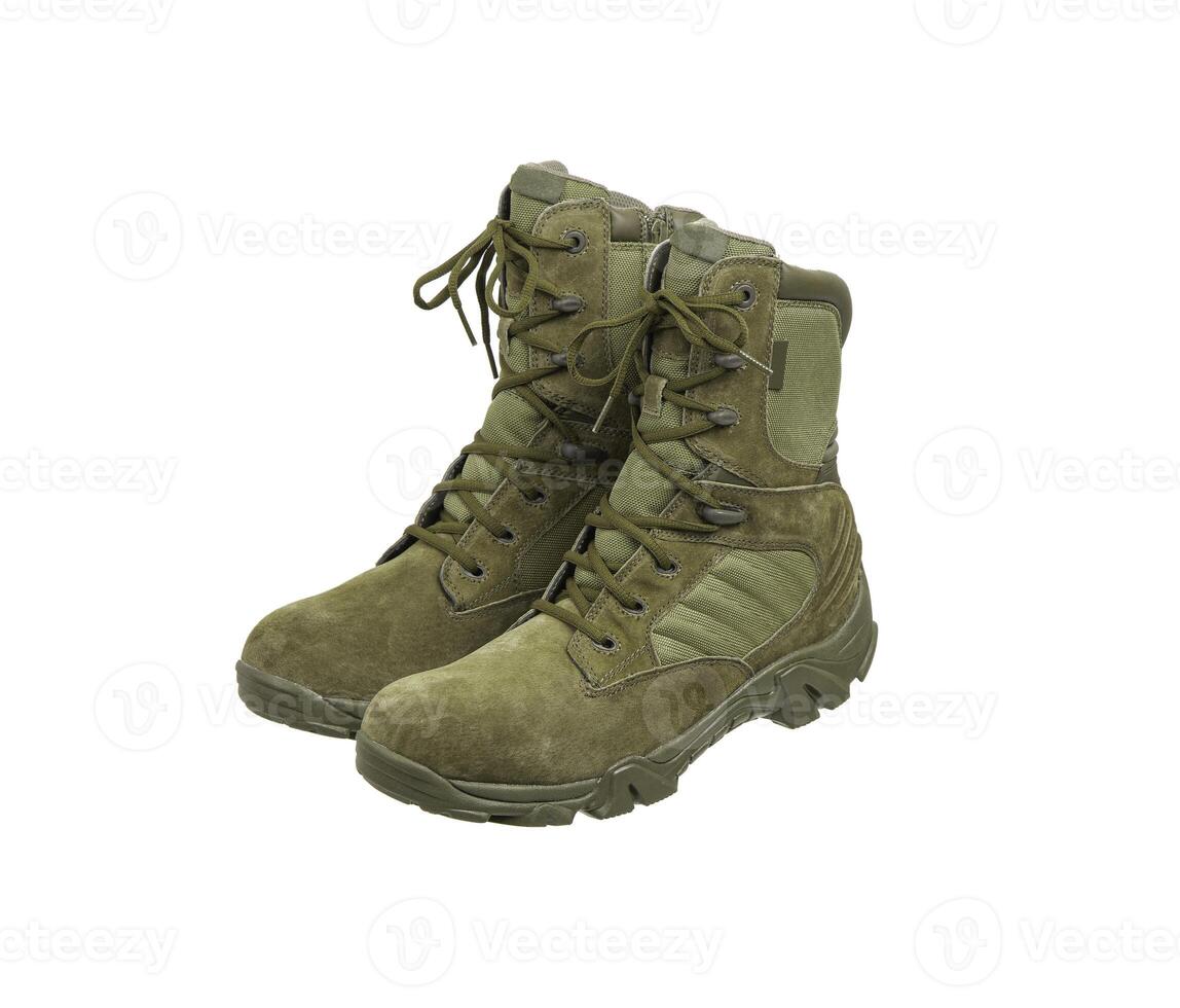 Modern army combat boots. NNew khaki shoes. Isolate on a white back. photo
