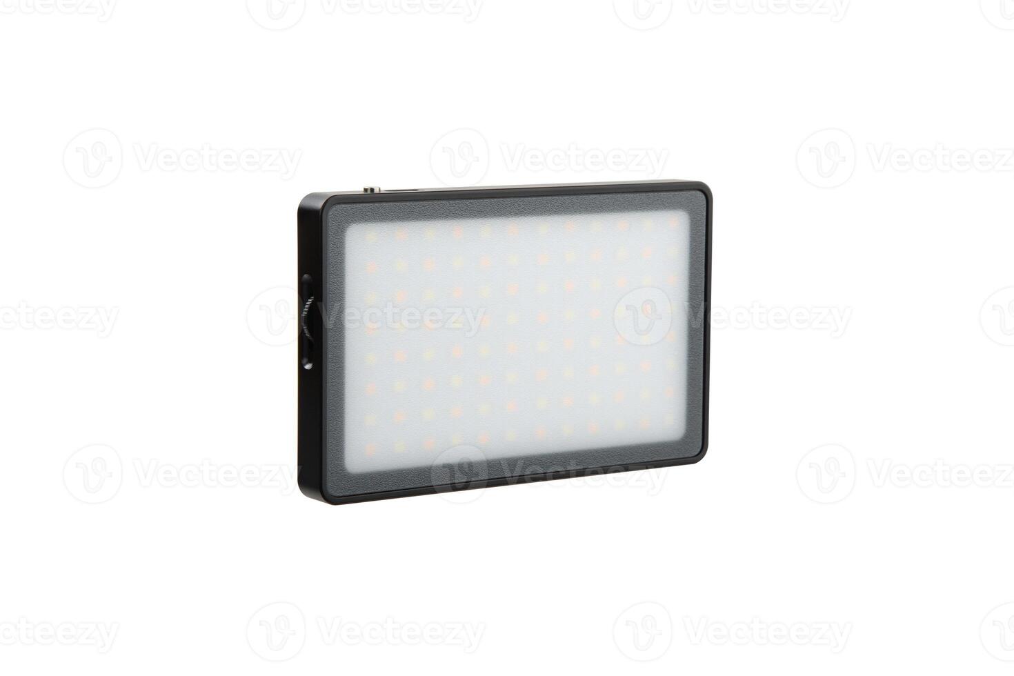 Photo and LED lamp isolate on white back.Portable lighting device.