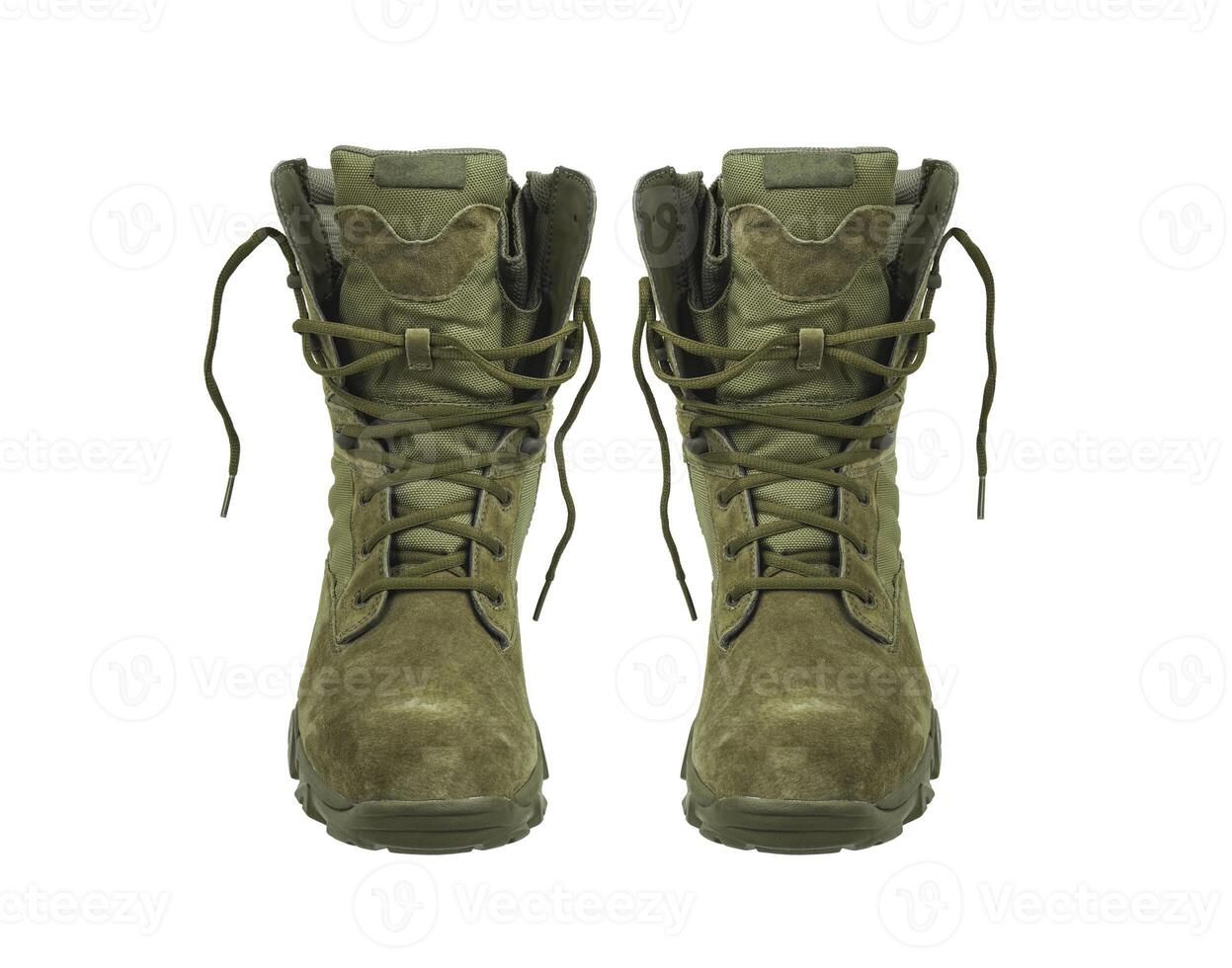 Modern army combat boots. New khaki shoes. Isolate on a white back. photo