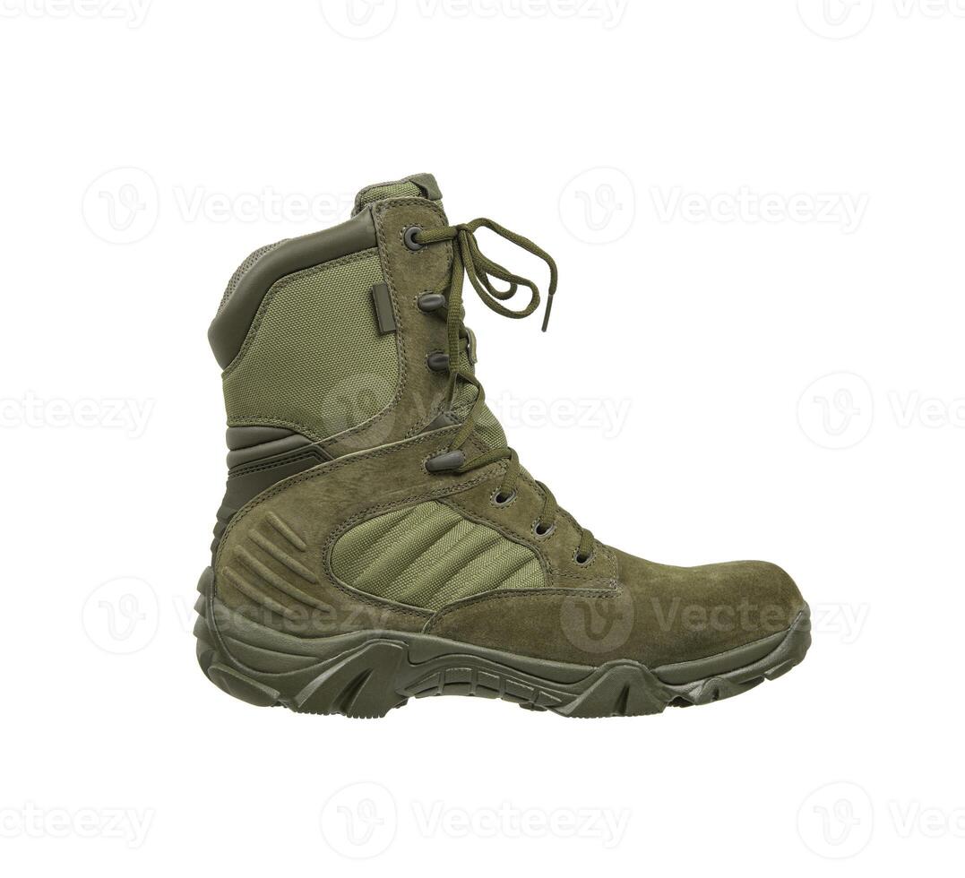 Modern army combat boots. NNew khaki shoes. Isolate on a white back. photo