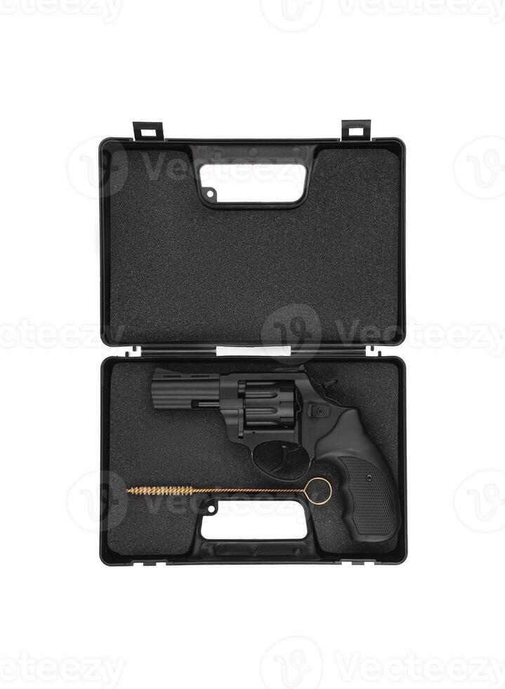 Pistol revolver isolate on a white back. Short-barreled weapon for self-defense. Arming the police and military. photo