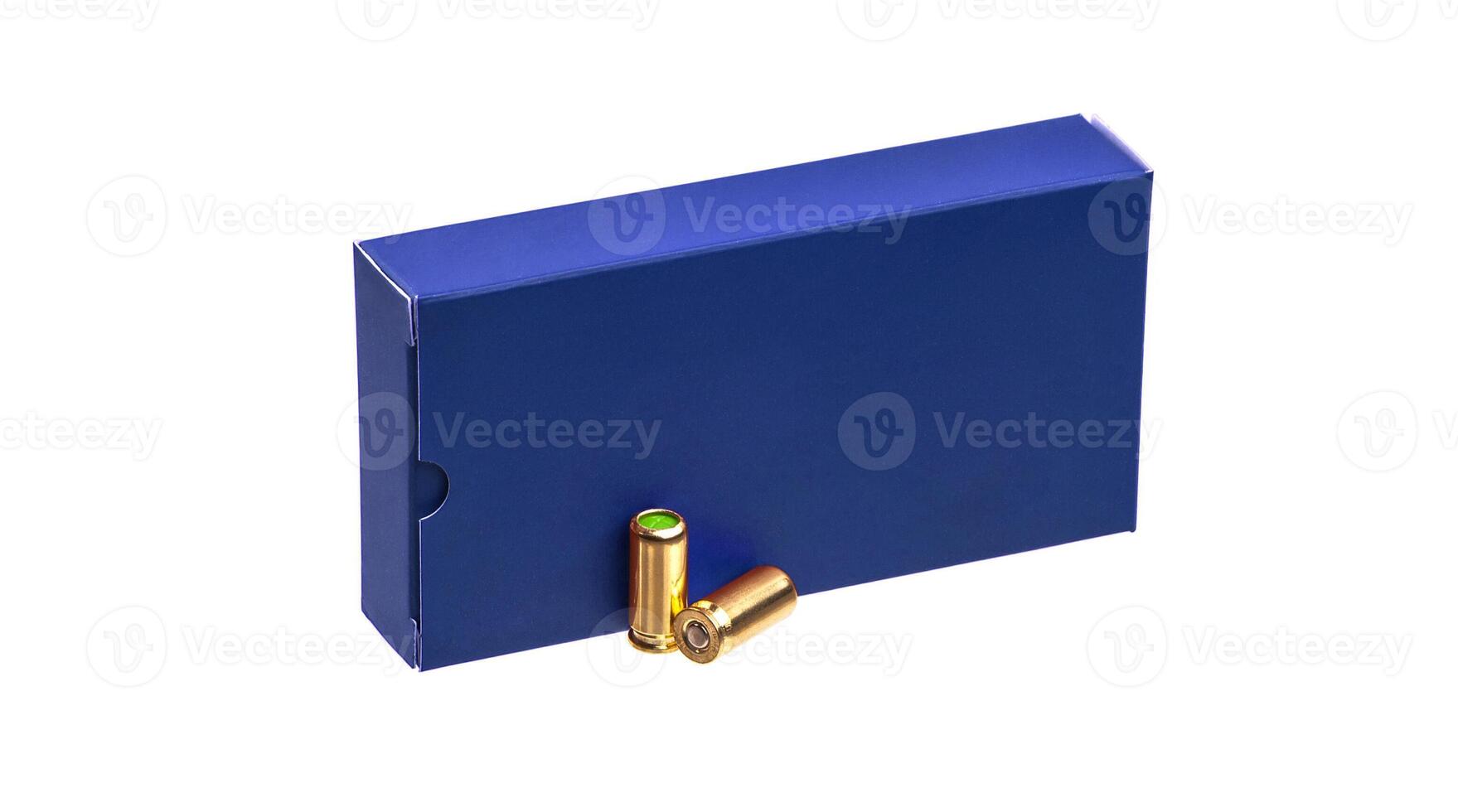 Box of cartridges for a traumatic gun isolate on a white back. Cartridges with rubber bullets for a traumatic gun. photo