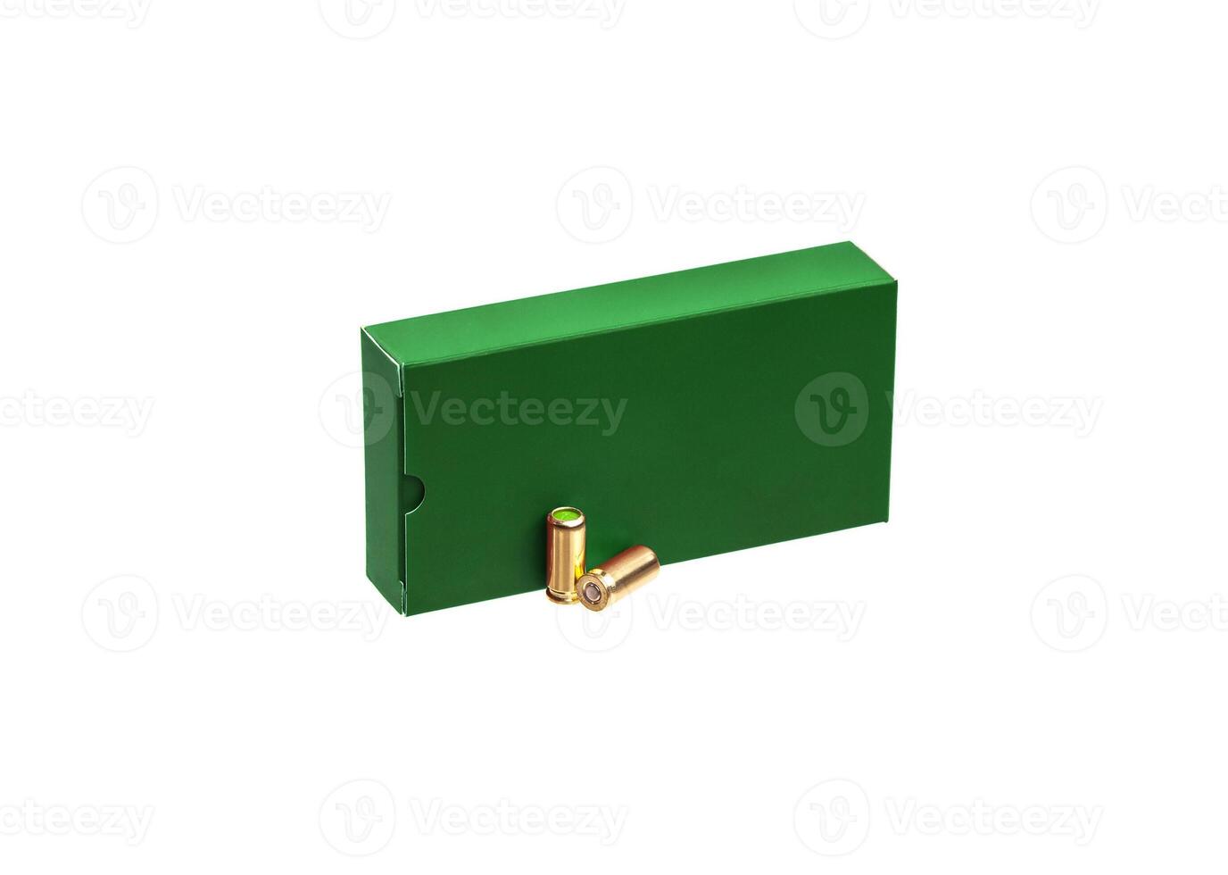 Box of cartridges for a traumatic gun isolate on a white back. Cartridges with rubber bullets for a traumatic gun. photo