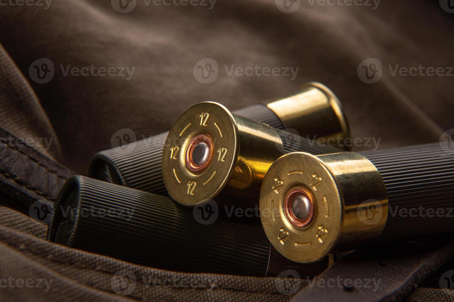 Shotgun shells close-up. Ammunition for smoothbore weapons on a khaki canvas backpack. Dark back photo